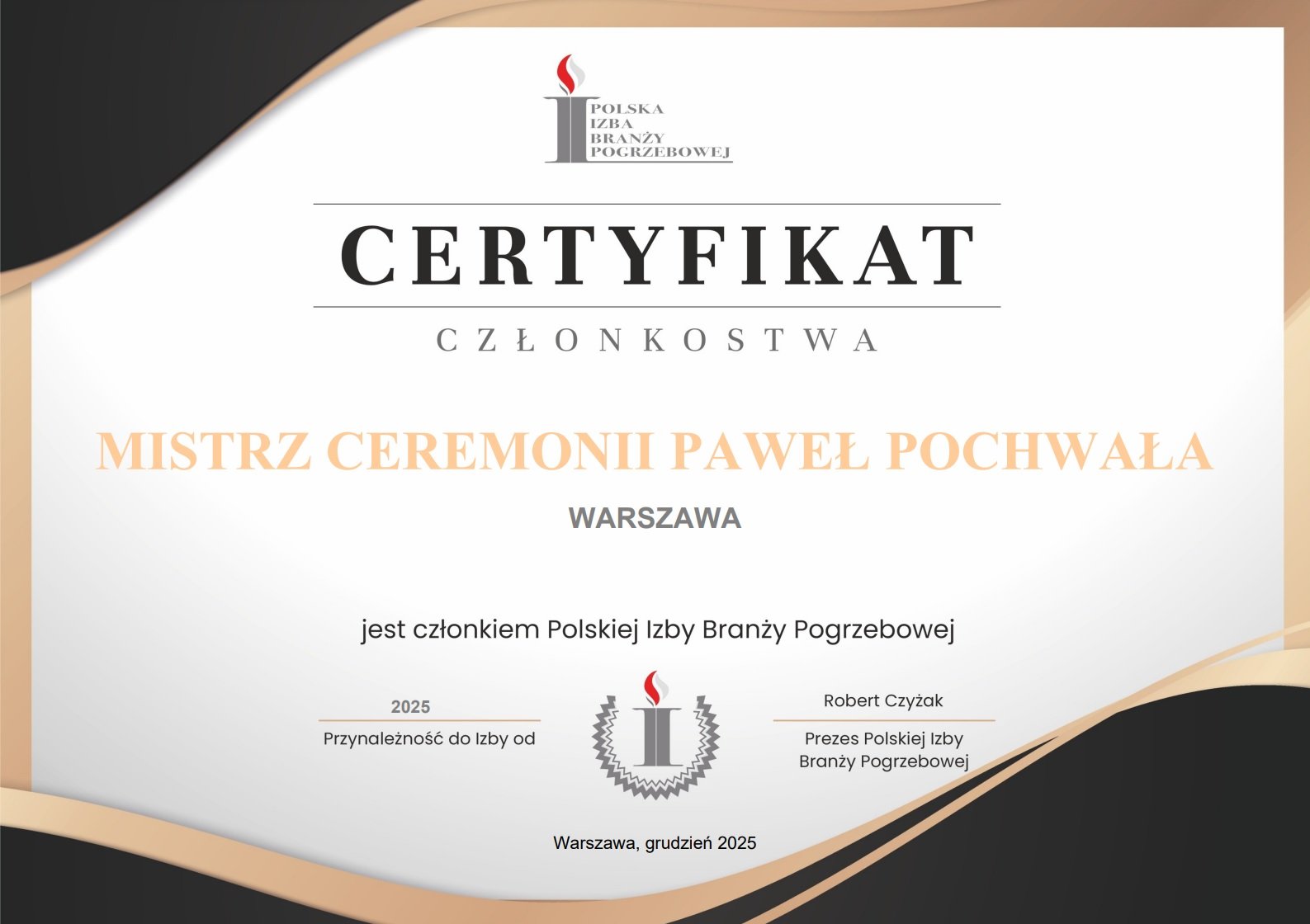 Certyfikat Członkostwa Polskiej Izby Branży Pogrzebowej